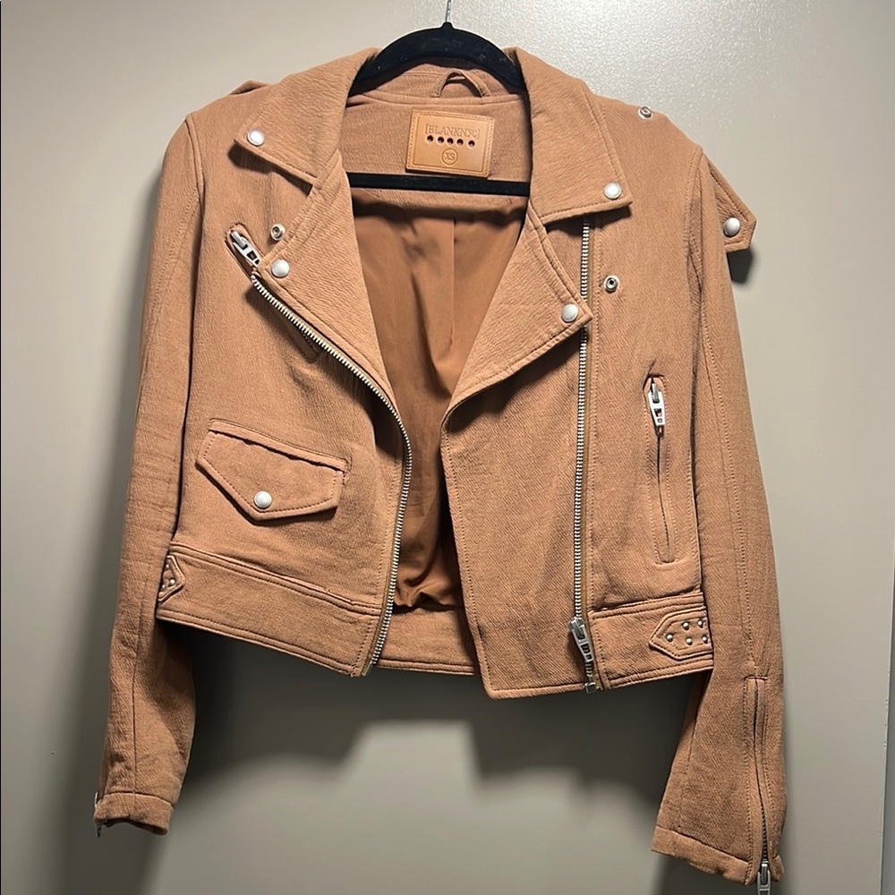 Blank NYC Brown Leather Biker Jacket with Cropped Style